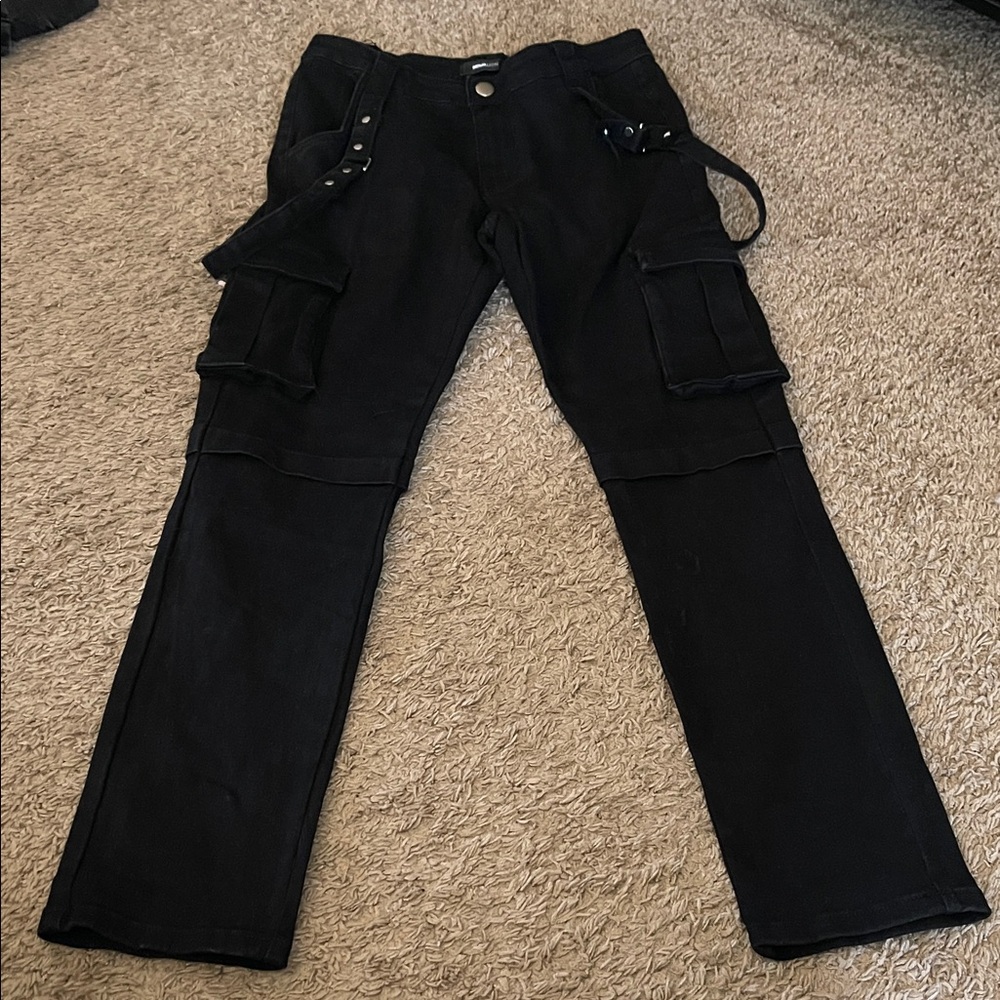 Fashion Nova Men Stylish Black Pants with Silver Buttons Suspenders